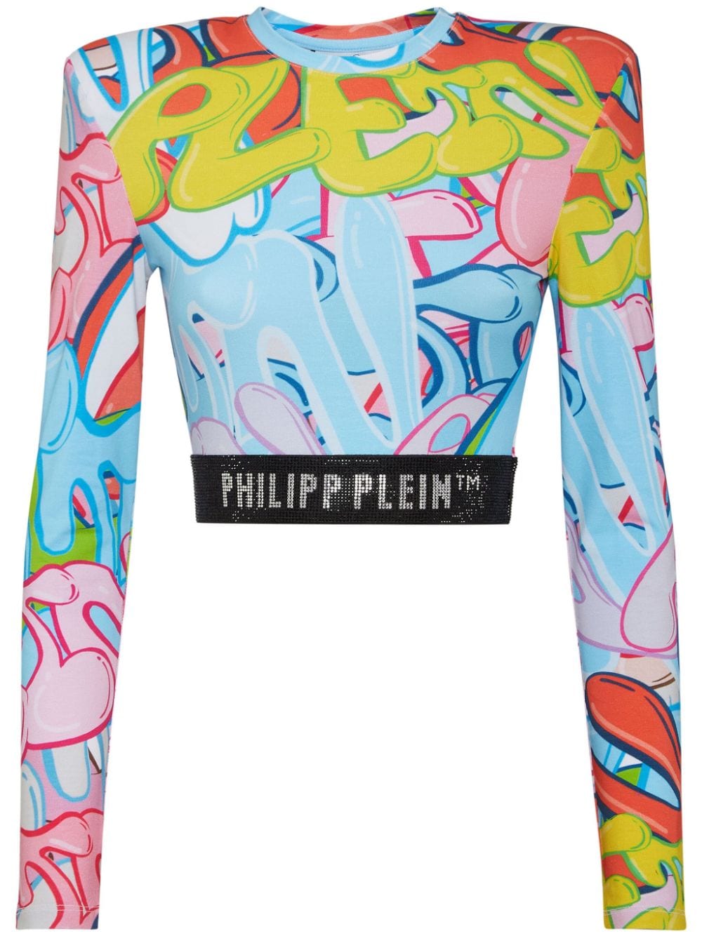 Philipp Plein Padded Shoulder Cropped Top LS Bombing Graffiti - Blue von Philipp Plein