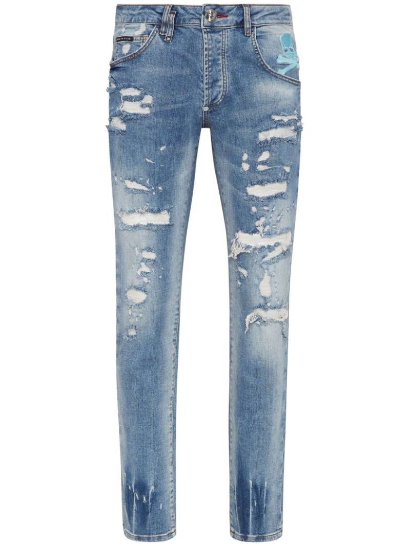 Philipp Plein Skull-print distressed straight-leg jeans - Blue von Philipp Plein