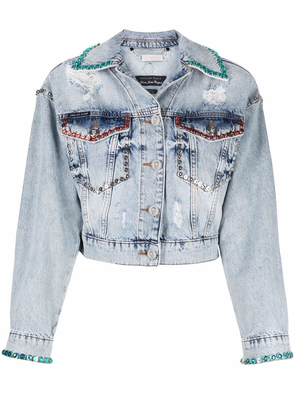 Philipp Plein crystal-embellished distressed denim jacket - Blue von Philipp Plein