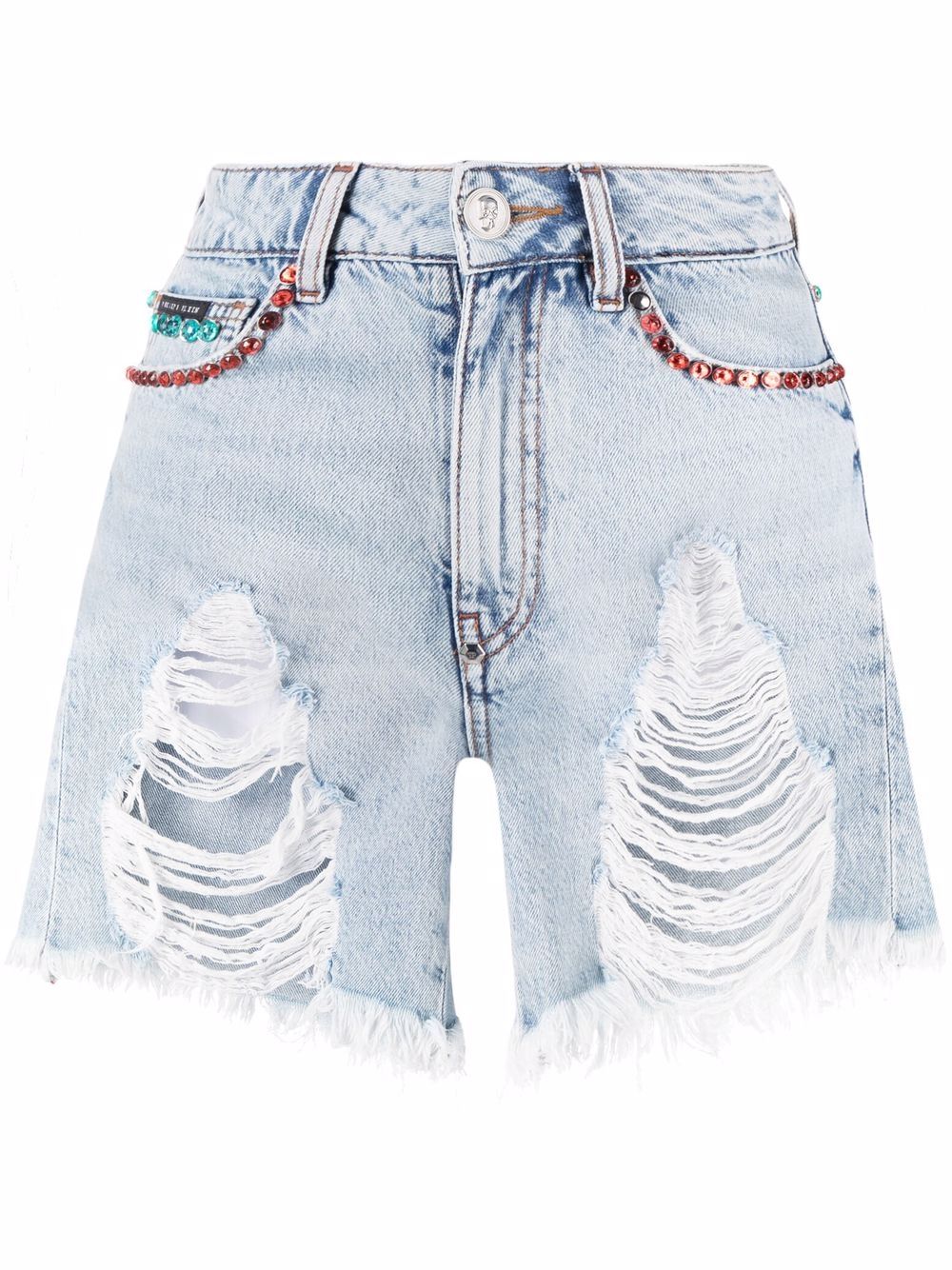 Philipp Plein crystal-embellished ripped denim shorts - Blue von Philipp Plein