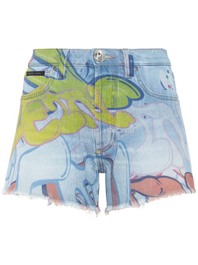 Philipp Plein graffiti-print denim mini shorts - Blue von Philipp Plein