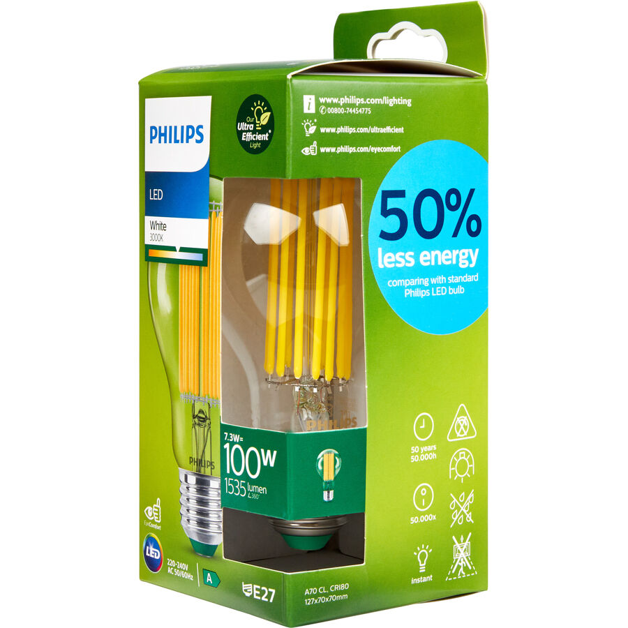 Philips Philips Classic lampada LED ultraefficiente con classe di efficienza energetica A, sostituisce 100W, base E27, trasparente, bian Philips Philips Classic lampada LED ultraefficiente con classe di efficienza energetica A, sostituisce 100W, base E27, trasparente, bian von Philips