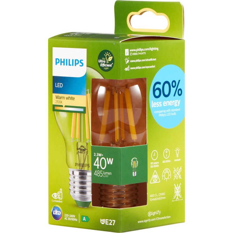Philips Philips Classic lampada LED ultraefficiente con classe di efficienza energetica A, sostituisce 40W, base E27, trasparente, bianc Philips Philips Classic lampada LED ultraefficiente con classe di efficienza energetica A, sostituisce 40W, base E27, trasparente, bianc von Philips