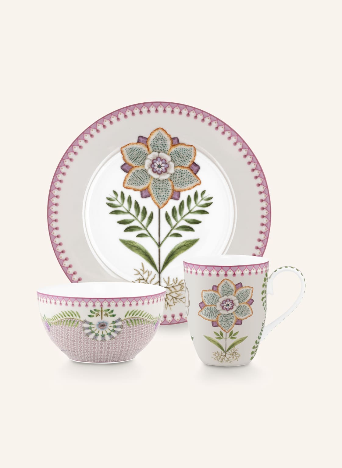 Pip Studio Set Lotus: Henkelbecher, Frühstücksteller Und Schale weiss von PiP Studio