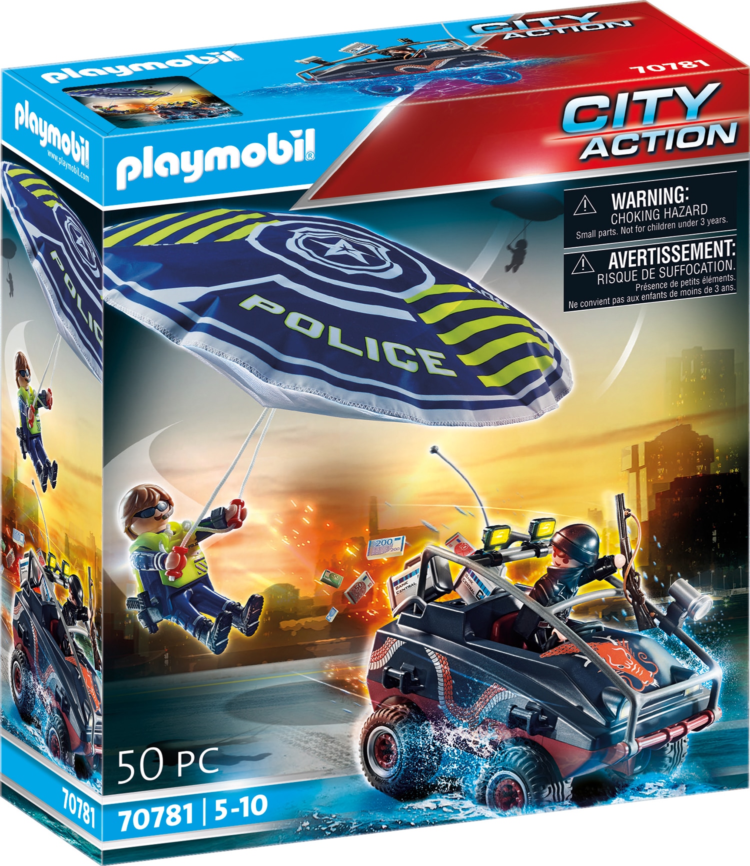 Playmobil® Konstruktions-Spielset »Polizei-Fallschirm: Verfolgung des Amphibien-Fahrzeugs (70781)«, (80 St.) von Playmobil®
