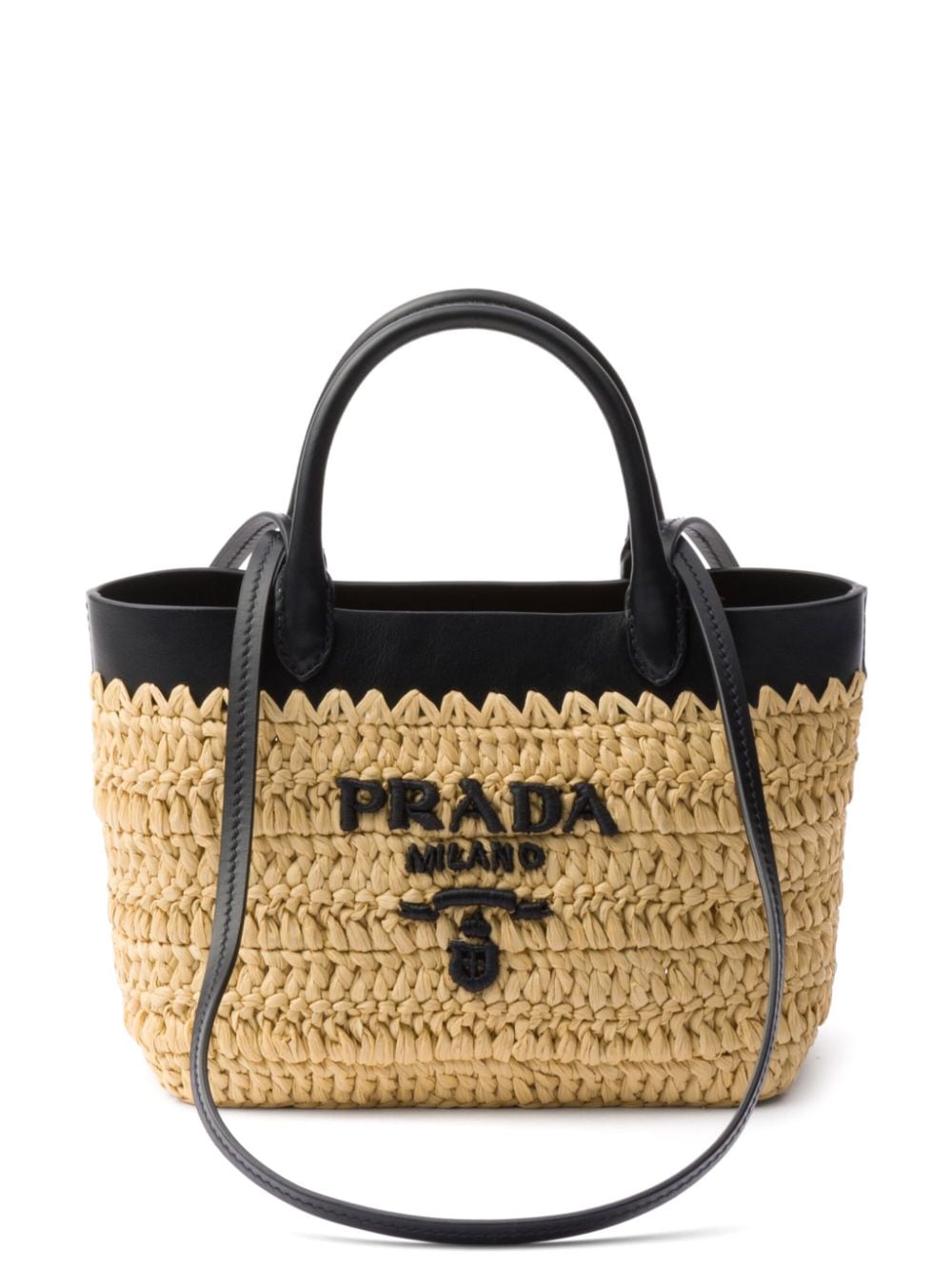 Prada leather-trimmed woven tote bag - Neutrals von Prada