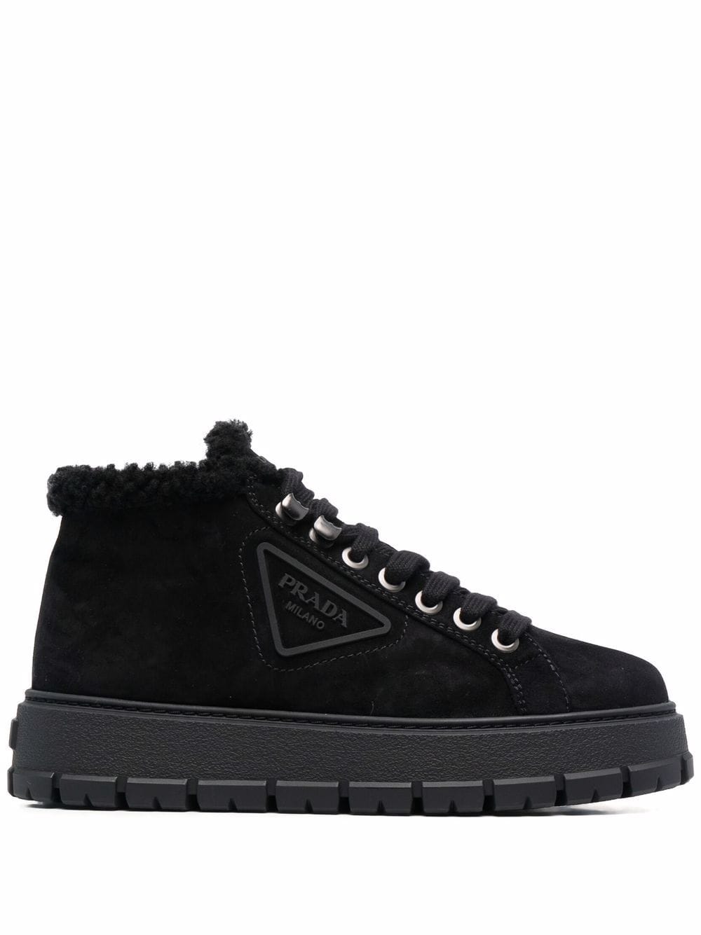 Prada logo plaque shearling ankle boots - Black von Prada