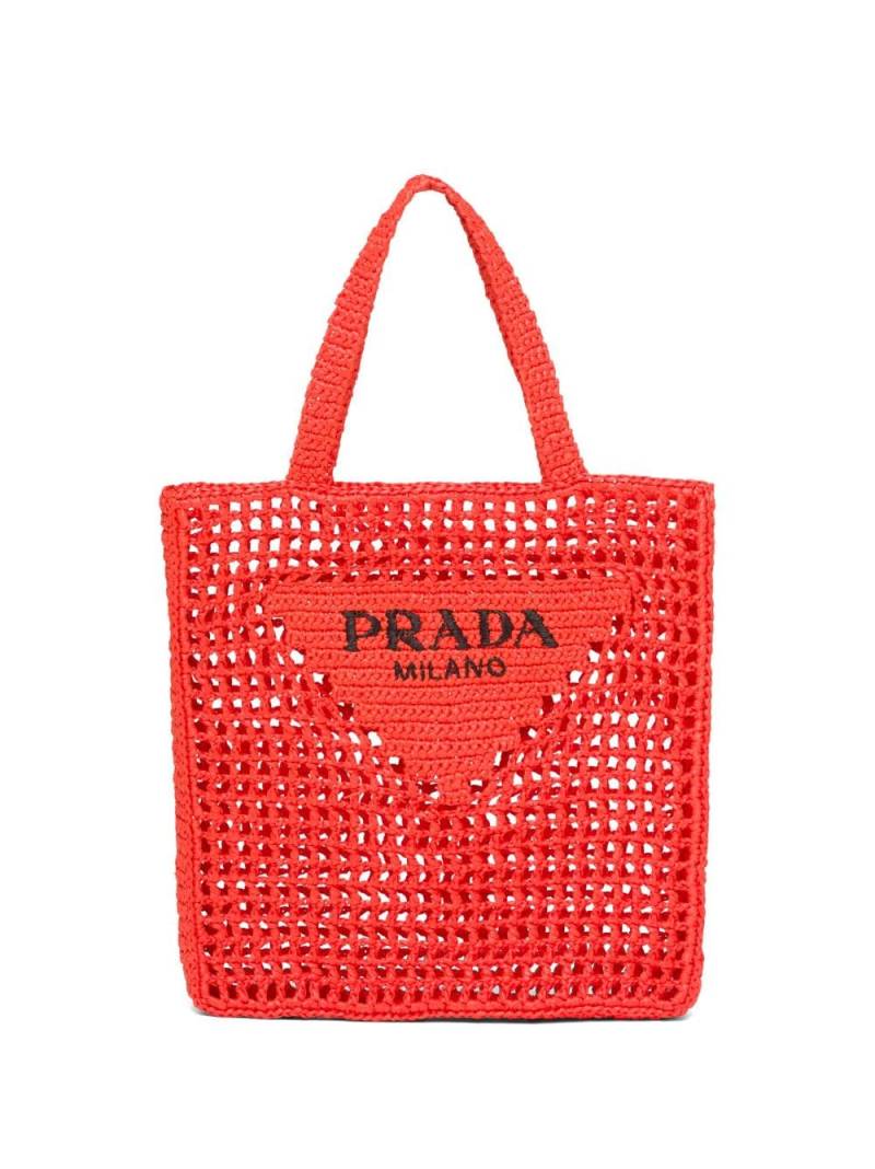 Prada triangle-logo crochet raffia tote bag - Orange von Prada