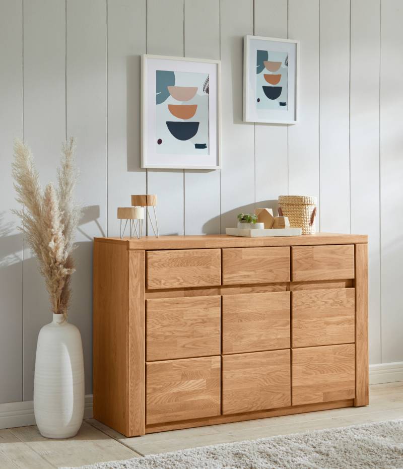 Home affaire Sideboard »Burano,127cm breit, Fronten Massivholz,3 Türen,3 Schubladen,6 Fächer«, Holz massiv,Holzwerkstoff,Griffmulden,Böden variabel einsetzbar von home affaire
