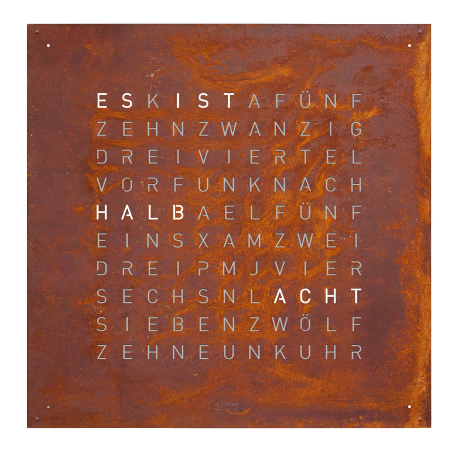 QLOCKTWO EARTH 180 Creator's Edition Rust Wanduhr, Sprache niederländisch (nl), Korpus schwarz ral 9005 von QLOCKTWO