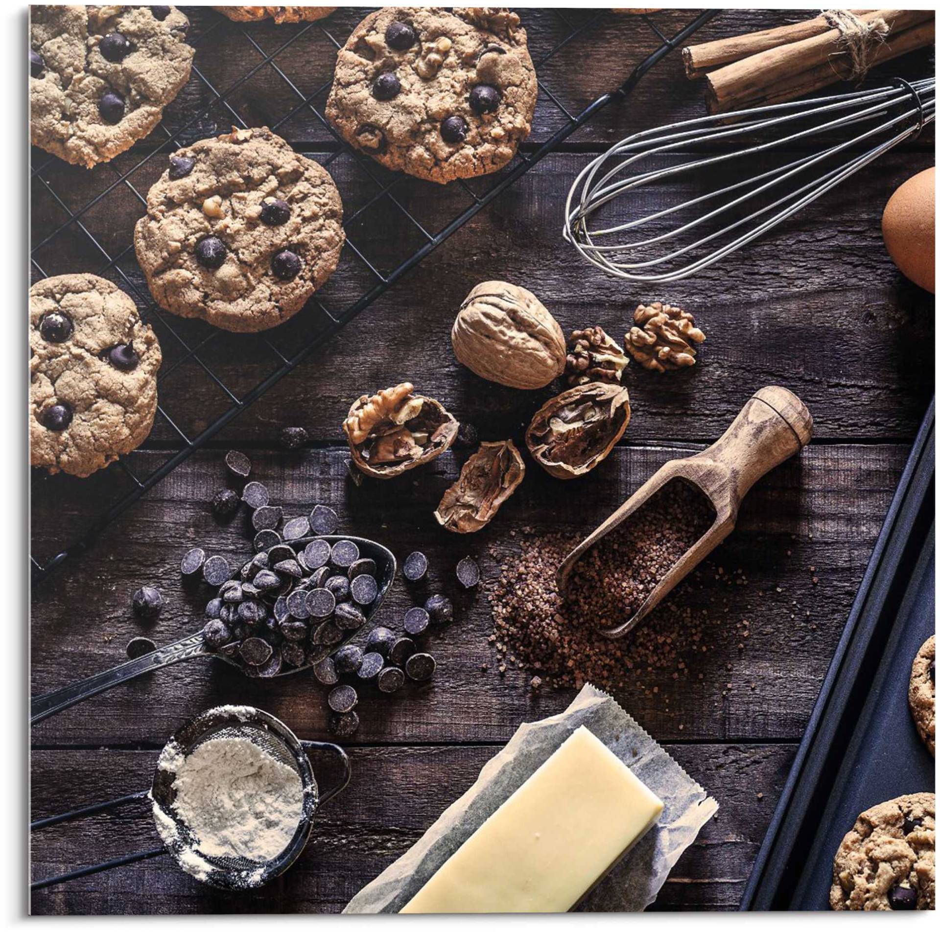 Reinders! Glasbild »Glasbild Köstliche Schokolade Cookies - Zutaten - Walnüsse - Backen«, Süssigkeiten, (1 St.) von Reinders!