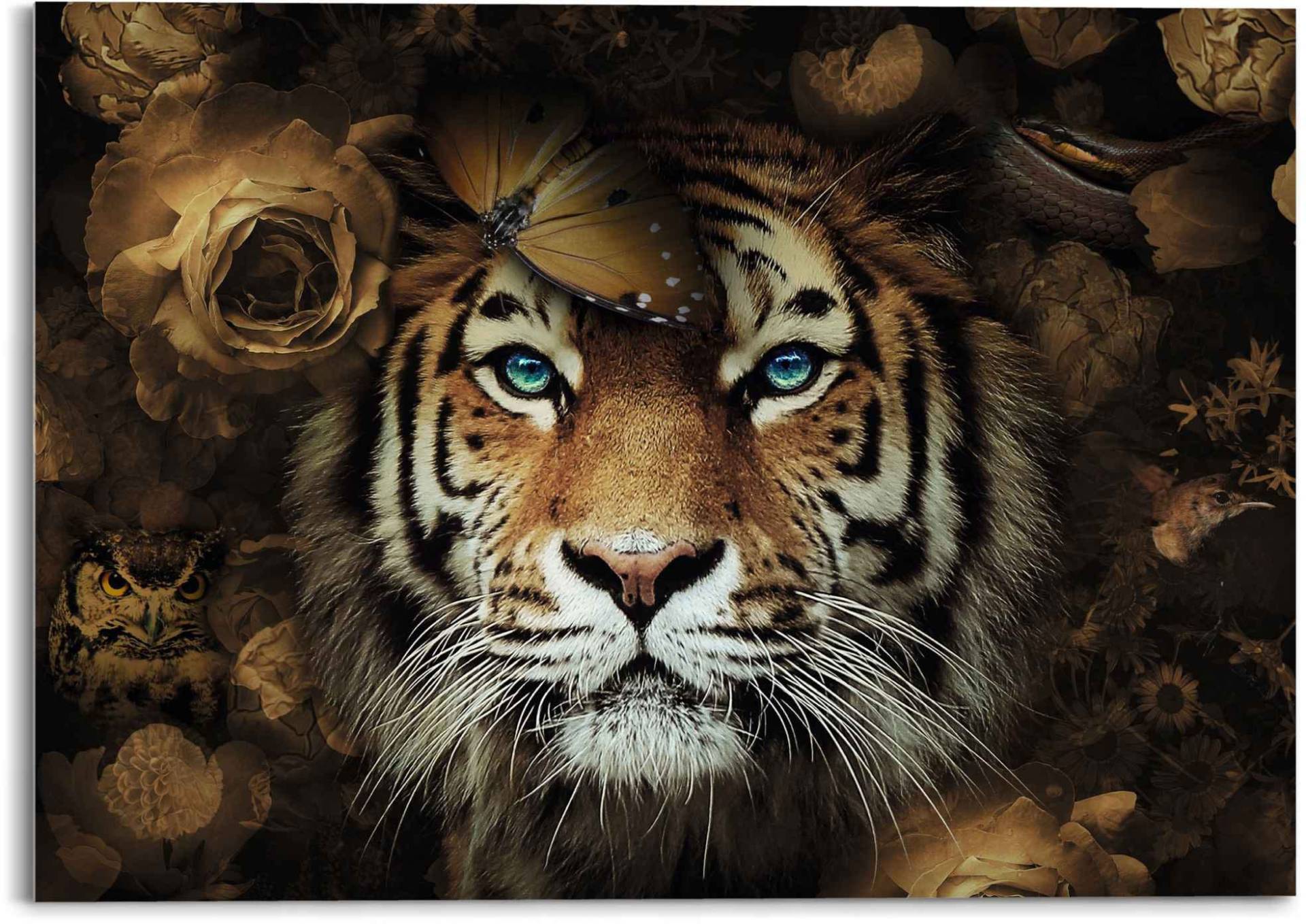 Reinders! Glasbild »Glasbild Tiger Tierreich - Blumen - Herbstfarben - Blaue Augen«, Tiger, (1 St.) von Reinders!