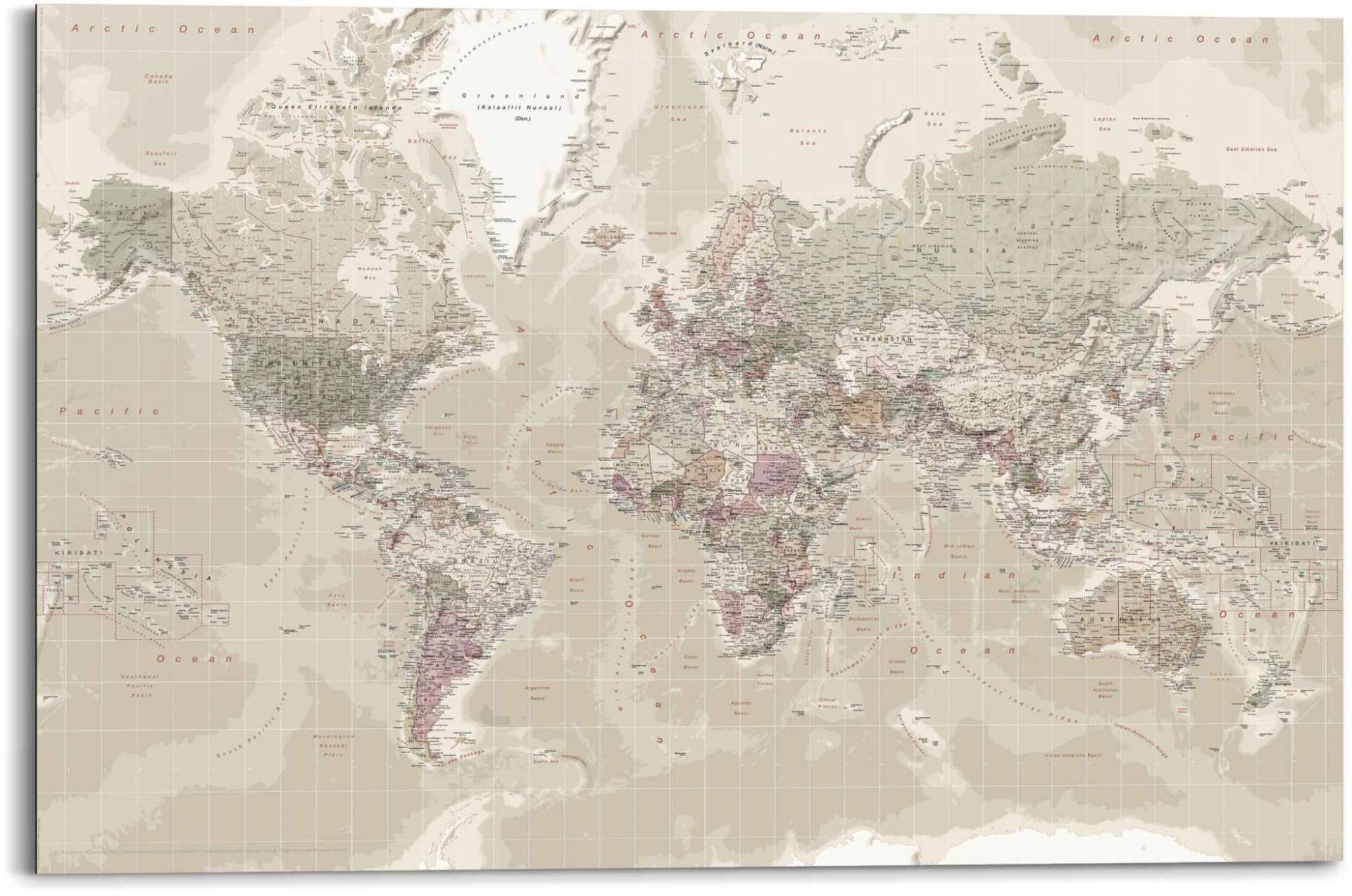 Reinders! Wandbild »Wandbild Weltkarte Natürlicher Farbton - Erdfarben - Detailliert«, Weltkarte, (1 St.) von Reinders!