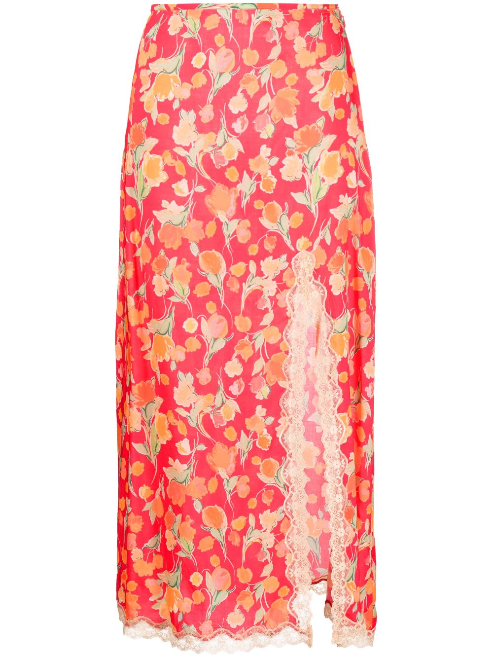 Rixo Sibilla lace-trimmed floral-print crepe de chine midi skirt - Pink von Rixo