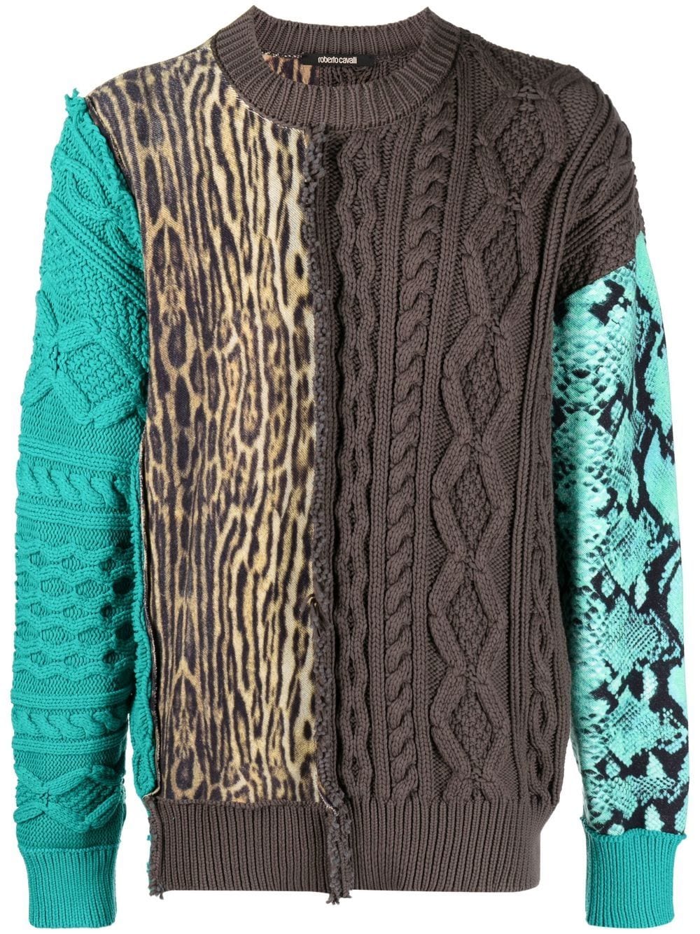 Roberto Cavalli patchwork-detail crew neck jumper - Blue von Roberto Cavalli