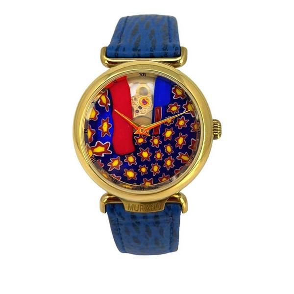 _MURANO® Skelettuhr Handaufzug klein, Murrina Glas Carneval blau von _SALE