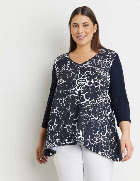 SAMOON Damen 3/4 Arm Shirt mit Material-Patch 72cm V-Ausschnitt Viskose Blau Animal-Print von SAMOON