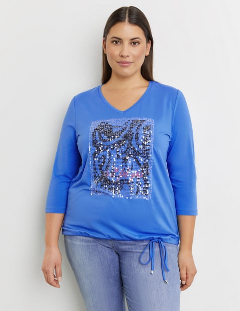 SAMOON Damen 3/4 Arm Shirt mit Pailletten 68cm V-Ausschnitt Modal Blau von SAMOON