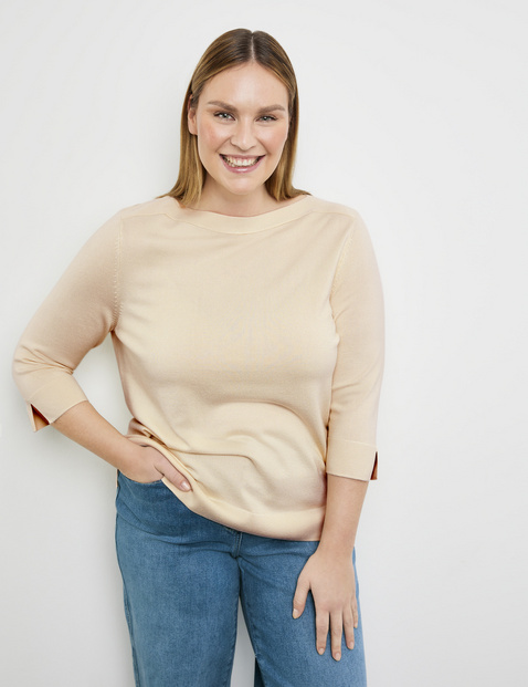 SAMOON Damen 3/4 Arm Pullover mit Seitenschlitzen U-Bootausschnitt Viskose Beige von SAMOON