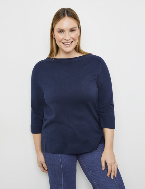 SAMOON Damen 3/4 Arm Pullover mit Seitenschlitzen U-Bootausschnitt Viskose Blau von SAMOON