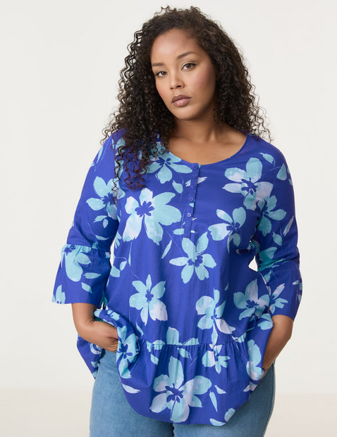 SAMOON Damen Ausgestellte Bluse mit Volants Baumwolle 74 cm Rundhals 3/4 Arm floral Blau von SAMOON