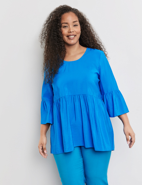 SAMOON Damen Ausgestellte Bluse mit Volants 80cm 3/4 Arm Rundhals Viskose Blau von SAMOON