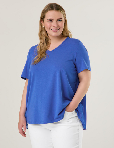 SAMOON Damen Ausgestelltes Shirt mit Plissee-Rücken Baumwolle 72 cm V-Ausschnitt Kurzarm unifarben Blau von SAMOON