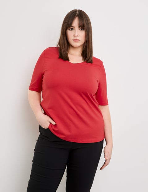 SAMOON Damen Basic Shirt aus Baumwoll-Mix 68cm Kurzarm V-Ausschnitt Modal Rot von SAMOON