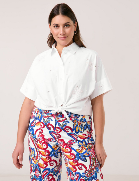 SAMOON Damen Baumwollhemd mit Stickerei und Glitzersteinchen Baumwolle 68 cm Hemdkragen Kurzarm unifarben Weiss von SAMOON