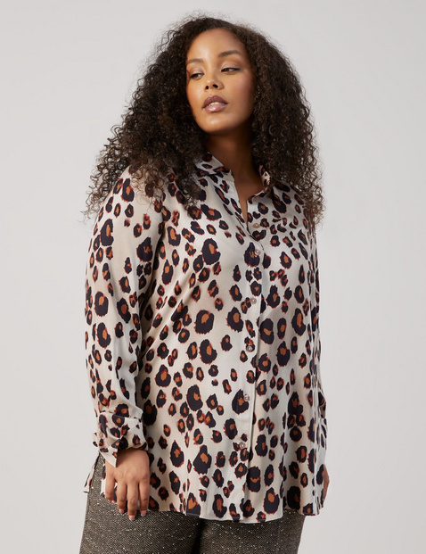 SAMOON Damen Bluse mit Leo-Print Viskose 76 cm Hemdkragen Langarm Animal-Print Beige von SAMOON