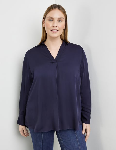 SAMOON Damen Bluse mit V-Ausschnitt und Kragen 74cm Langarm Viskose Blau von SAMOON