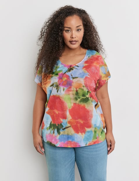 SAMOON Damen Blusenshirt aus Bio-Baumwolle 68cm Kurzarm Rundhals Mehrfarbig floral von SAMOON