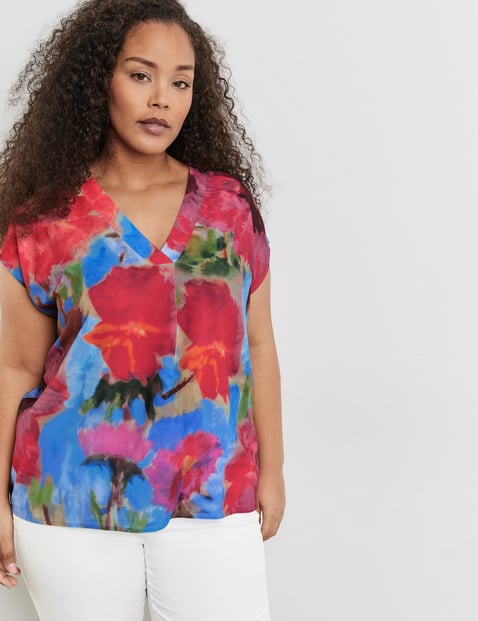 SAMOON Damen Blusenshirt mit Flower-Print 68cm Kurzarm V-Ausschnitt Viskose Mehrfarbig floral von SAMOON