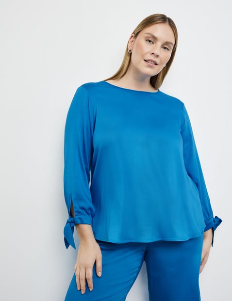 SAMOON Damen Blusenshirt mit Knoten-Details am Arm 68cm 3/4 Arm Rundhals Viskose Blau von SAMOON