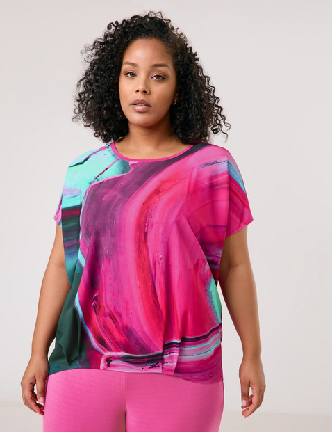 SAMOON Damen Blusenshirt mit abstraktem Print Viskose 68 cm Rundhals Kurzarm gemustert Pink von SAMOON