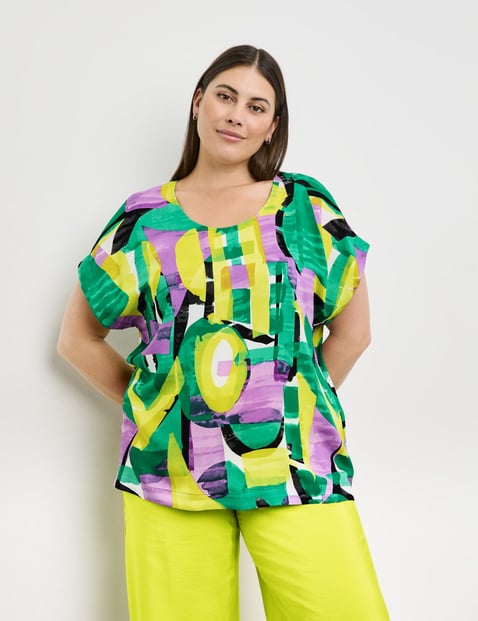 SAMOON Damen Blusenshirt mit farbenfrohem Print 68cm Kurzarm Rundhals Grün gemustert von SAMOON