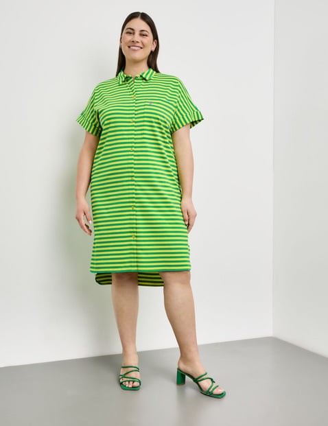 SAMOON Damen Geringeltes Shirtkleid aus Baumwoll-Jersey Kurzarm Hemdkragen Grün gestreift von SAMOON
