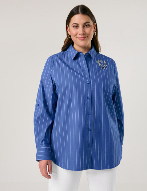 SAMOON Damen Gestreifte Baumwollbluse mit Strass-Applikation Baumwolle 72 cm Hemdkragen Langarm gestreift Blau von SAMOON