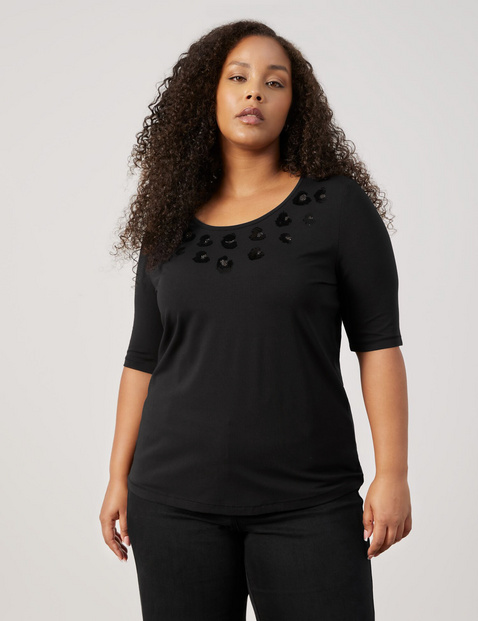 SAMOON Damen Halbarmshirt mit Paillettendekor Modal 68 cm Rundhals Halber Arm unifarben Schwarz von SAMOON