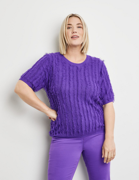 SAMOON Damen Kurzarmpullover mit Fransen-Details Kurzarm|Strickbündchen Polyacryl, Lila von SAMOON