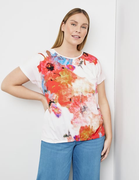 SAMOON Damen Kurzarmshirt mit floralem Frontprint 66cm Rundhals Modal Weiss von SAMOON