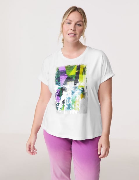 SAMOON Damen Lässiges Shirt mit verziertem Frontprint 68cm Kurzarm Rundhals Modal Weiss von SAMOON