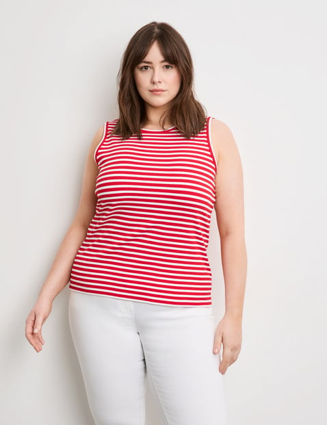 SAMOON Damen Ringel-Top aus Struktur-Jersey 62cm Ärmellos Rundhals Viskose Rot gestreift von SAMOON