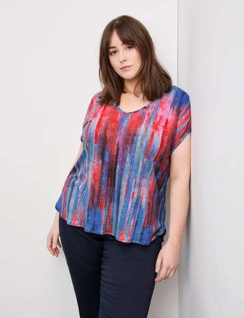 SAMOON Damen Shirt aus Leinen-Mix 68cm Kurzarm V-Ausschnitt Mehrfarbig gestreift von SAMOON