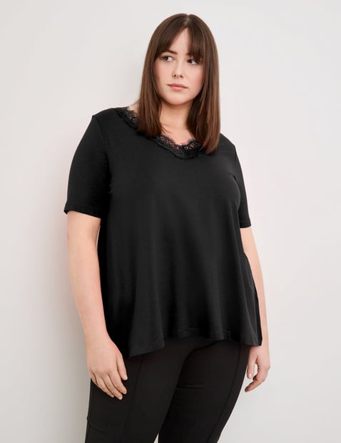 SAMOON Damen Shirt in A-Linie 72cm Kurzarm V-Ausschnitt Modal Schwarz von SAMOON