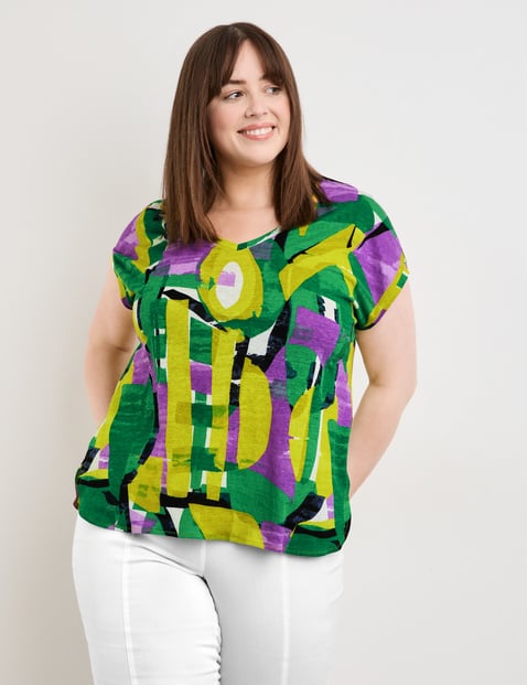 SAMOON Damen T-Shirt aus luftigem Leinen-Mix 66cm Kurzarm V-Ausschnitt Grün gemustert von SAMOON