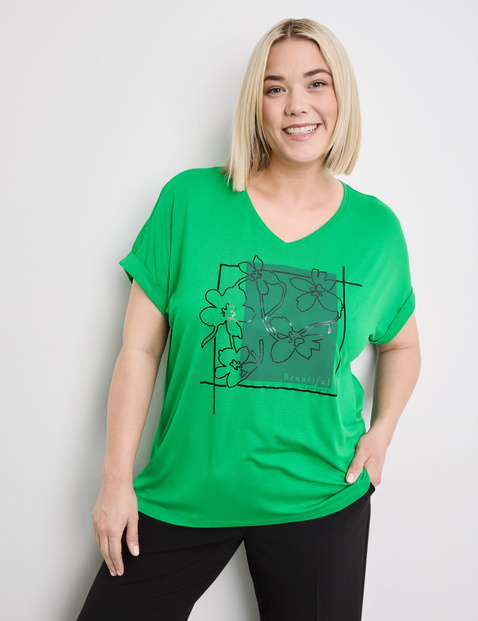 SAMOON Damen T-Shirt mit Frontprint Viskose 68 cm V-Ausschnitt Kurzarm Grün von SAMOON