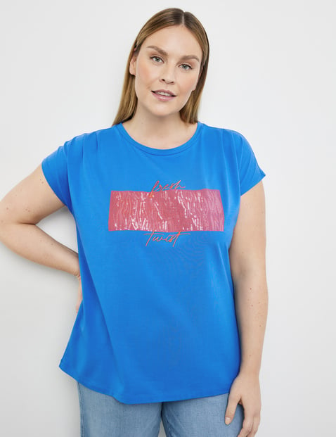 SAMOON Damen T-Shirt mit Pailletten-Detail 68cm Kurzarm Rundhals Modal Blau von SAMOON