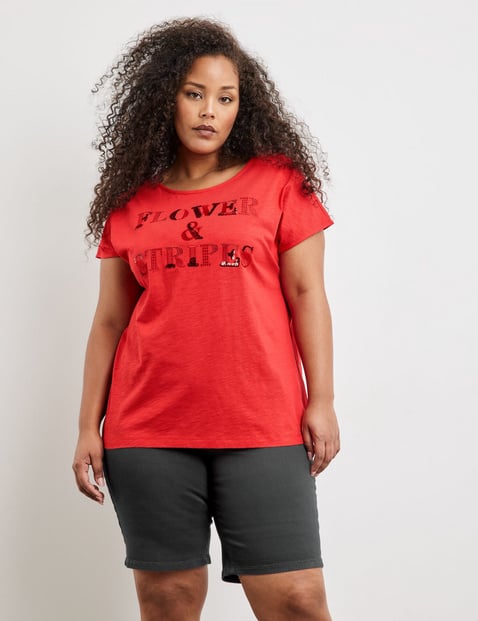 SAMOON Damen T-Shirt mit verziertem Wording 68cm Kurzarm Rundhals Baumwolle Rot von SAMOON