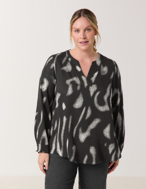 SAMOON Damen Tunika mit Alloverprint Viskose 70 cm V-Ausschnitt Langarm gemustert Schwarz von SAMOON